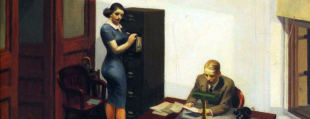 A night scene in a lighted office. Two figures, a man in a suit and a woman in a dress, appear to be engaged in their respective tasks. The man is sitting at a cluttered desk, while the woman is standing by an open file cabinet.